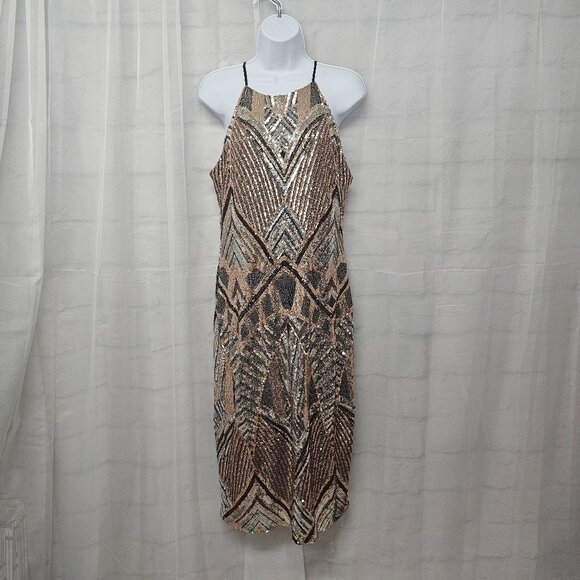 Bisou Bisou Michelle Bohbot Sequin Midi Dress Brown Silver Formal Bling 16 - Picture 1 of 12